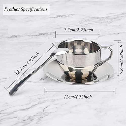 Sunallwell 125ml Tea Cups and Saucers Sets of 2 Coffee Cup Set Teaspoon Set Dessert Bowls Soup Mug Stainless Steel Espresso Cups Set for Breakfast Home Kitchen