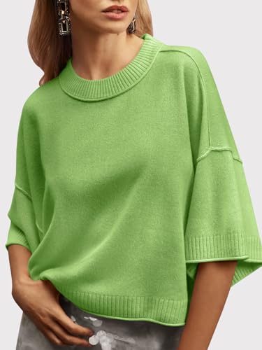 Image of Saodimallsu Womens Short Sleeve Sweater Summer Oversized Cropped Sweaters Casual Crewneck Lightweight Knit Tops
