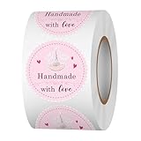 Acetiamin Handmade with Love Stickers Roll, 1.5 inch 500 PCS Pink Baked with Love Stickers, Homemade with Love Stickers for Baked Goods, Bakery Bread Cookie Packaging, Small Businesses