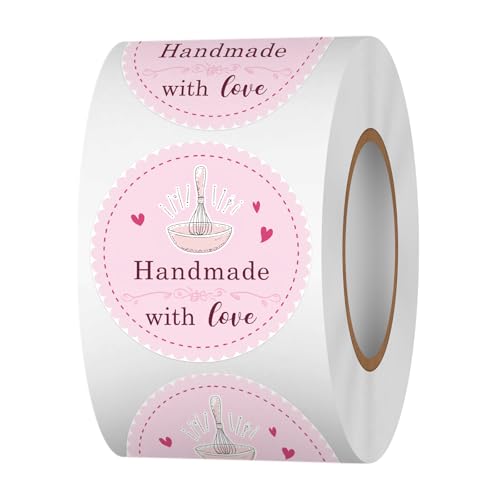 Acetiamin Handmade with Love Stickers Roll, 1.5 inch 500 PCS Pink Baked with Love Stickers, Homemade with Love Stickers for Baked Goods, Bakery Bread Cookie Packaging, Small Businesses