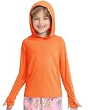 Hotfiary Boys Rash Guard UPF 50+ Long Sleeve Hooded Swim Shirt for 5-14 Years with Thumbhole Pockets for Beach Fishing Hiking Orange