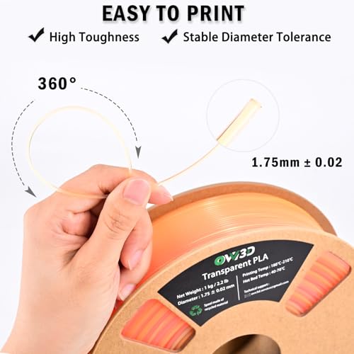 Image of OVV3D Translucent PLA Filament 1.75mm, Sunset Multicolor Transparent 3D Printer Filament, Clear PLA Red Oragne Yellow Gradient Color Change Rainbow Filament, Spool 1KG, + /- 0.02 mm