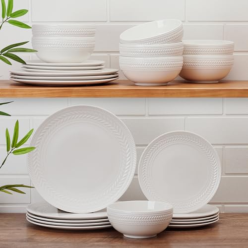 Pfaltzgraff Josephine 24-Piece Dinnerware Set, Porcelain Dish Set with Embossed Basket Weave Design, Service for 8, White Plates and Bowls Sets, Microwave and Dishwasher Safe by Pfaltzgraff - Used condition - Image 4