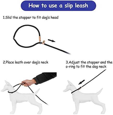 Cobee Small Dog Rope Leash - Slip Lead Control, 5 FT x 1/3" No Pull Dog Loop Leash with Durable Leather Connector and Adjustable Metal Buckle P-Shaped Puppy Traction Rope for Small/Medium Dogs(Black)