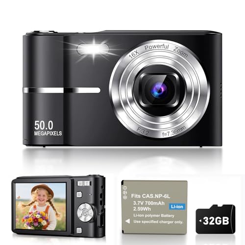 Appareil Photo Numérique 50MP 1080P, Compact Appareil Photo avec Carte 32Go, Écran 2,4”, Zoom Numérique 16X, Mini Camera Vlog pour Enfants, Adolescents, Étudiants, Cadeau d'anniversaire Vacances-Noir