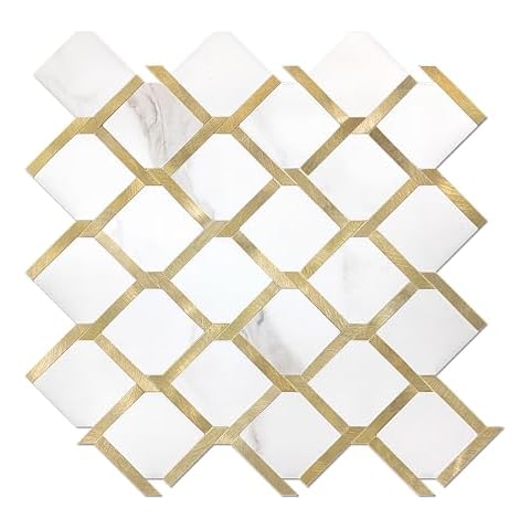 KASARO Peel and Stick Backsplash Rhombus Tiles with Printed Marble Pattern and Edged Brushed Metal, 10-Piece Decorative Self-Adhesive Wall Tiles for Kitchen, White & Gold Cover