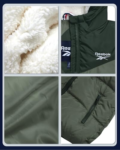 Image of Reebok Girls Heavyweight Poly Taffeta Puffer Jacket with Sherpa Hood | Insulated Quilting Locks in Warmth, Zip-Up Closure, Secure Pockets for Gloves, Cozy Protection for Cold-Weather Play