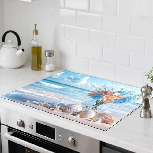 Image of Nuxovilar Stove Top Cover for Electric Stove, 20x28 Inch Polyester Glass Cooktop Protector with Beach Shell & Flower Seaside Design, for Kitchen Decor & Daily Use