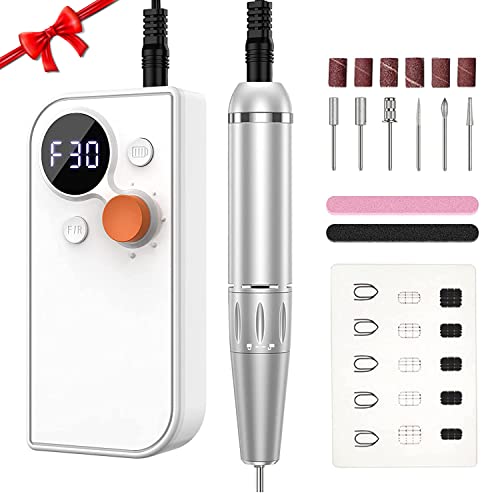 Professional Rechargeable Nail Drill Machine Portable Electric Nail Drill 30000 RPM Efile Nail Drill Set With Acrylic Nail Mat and 6 Nail Bits for Acrylic Nail, Polishing, Nail Removing Tool (White)