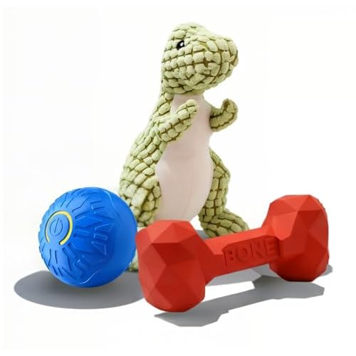 Interactive Dog Toy Play Set for Puppies & Small to Medium Dogs – Includes Self Rolling Ball, Durable Rubber Treat Chew Bone & Squeaky Plush Dinosaur