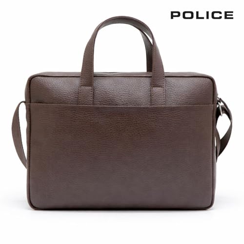 Image of Police 14 Inch Laptop Briefcase for Men | Premium Textured Leather Office Bag with Padded Laptop Compartment | Branded Adjustable Shoulder Strap | Professional Business Messenger Bag | Brown