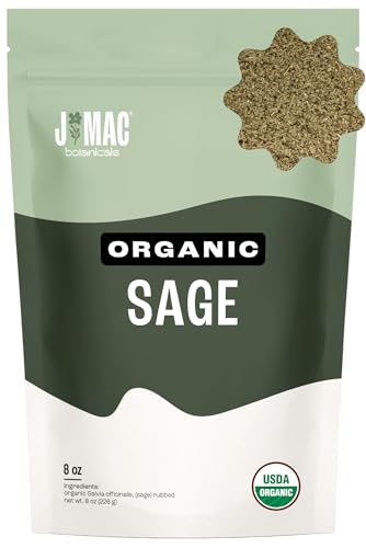 J Mac Botanicals, Organic Rubbed Sage (8 oz), Certified USDA Organic, Dried Rubbed Sage Leaf. Culinary Grade-excellent for sausage making, fresh Albanian harvest