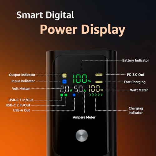 Image of Amazon Basics 20000mAh 100W Fast Charging Power Bank | 2 USB-C PD 3.0 + 1 USB-A QC 3.0 | Laptop, Tablet & Phone Charging | Digital Display | Black