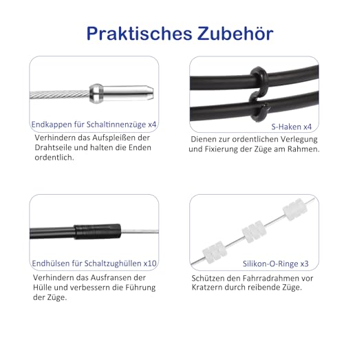 Fahrrad Schaltzug Set – 2m Schaltzughülle, 4 Schaltinnenzüge aus verzinktem Stahl, Endkappen & Zubehör – Kompatibel mit MTB, Rennrad, Faltrad – Schaltzug Ersatz für Vorder- & Hinterradschaltung