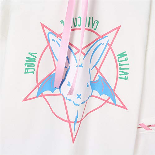 Bstang Autumn Lace Up Hoodies Cartoon Rabbit Pentacle Print Sweatshirt Kawaii Long Sleeve Loose Women Tracksuit White #TOP2