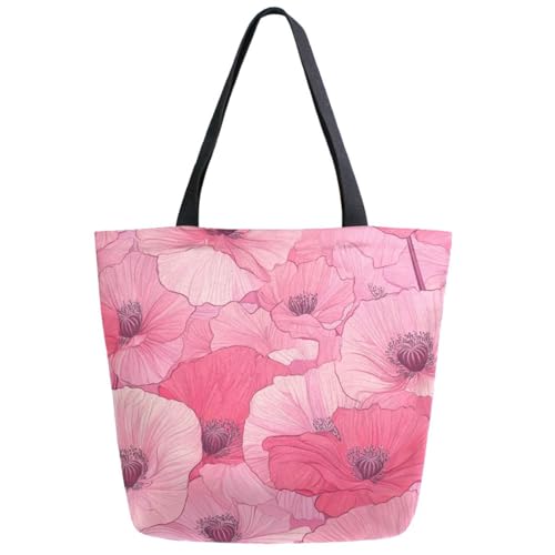 ZzWwR Fashion Floral Pink Poppy Flowers Extra Large Canvas Gym Shoulder Tote,Durable Reusable Daily Top Handle Bag for Mens Womens Yoga Weekender Picnic Beach Travel Market Shopping