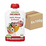 FRECHE FREUNDE Bio Quetschie Apfel, Mango & Pfirsich, Fruchtmus im Quetschbeutel für Babys ab 1 Jahr, glutenfrei und vegan, 6er Pack (6 x 100g)