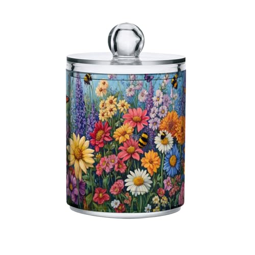 Mnsruu 4 Pack Qtip Holder Organizer Dispenser Floral Daisy Bee Spring Bathroom Storage Canister Cotton Ball Holder Bathroom Containers for Cotton Swabs/Pads/Floss