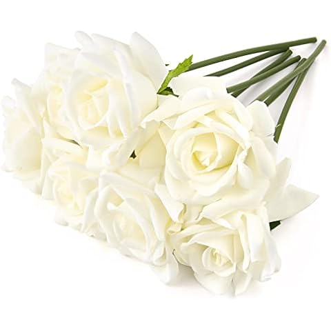 Eyamumo Fake Flowers, Faux Silk Real Touch Artificial Rose Flowers for Decoration DIY, Wedding Party, Home Office Decoration and Dining Table Centerpiece, 7Pcs (White-30cm, 30CM) Cover