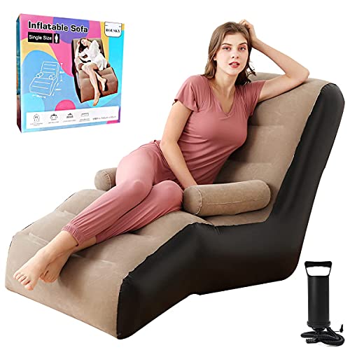 Rousky Inflatable Chaise Lounges Folding Lazy Floor Chair Sofa Lounger Bed With Armrests (Khaki) #TOP3