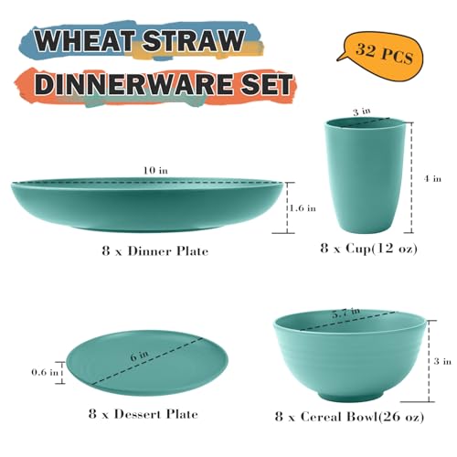 Image of Wheat Straw Dinnerware Sets, 32 PCS Dishes Set for 8, Unbreakable Plates and Bowls Sets, Microwave Safe Dinnerware Set for Kitchen Outdoor Camping RV - Green