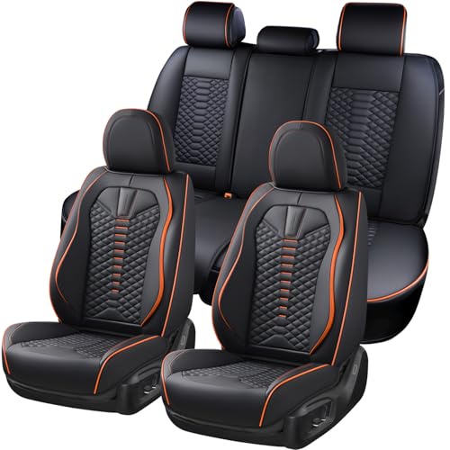 Image of Coverado Leather Seat Covers, Car Seat Covers Full Set, Nappa Leather Seat Covers for Cars, Car Seat Protectors Waterproof, 5 Seats Black&Orange Automotive Seat Covers Fit for Most Cars Trucks