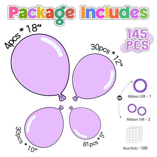 Image of 145pcs Pastel Purple Balloon Arch Kit Different Sizes of 18 12 10 5 Inch Off Lavender Balloons Arch Kit for Baby Shower Gender Reveal Wedding Birthday Party Decorations