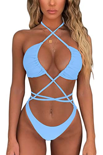 Qinsen String Bikini For Women Halter Wrap Top Criss Cross Bandage 2 Piece Bathing Suit Blue M #TOP5