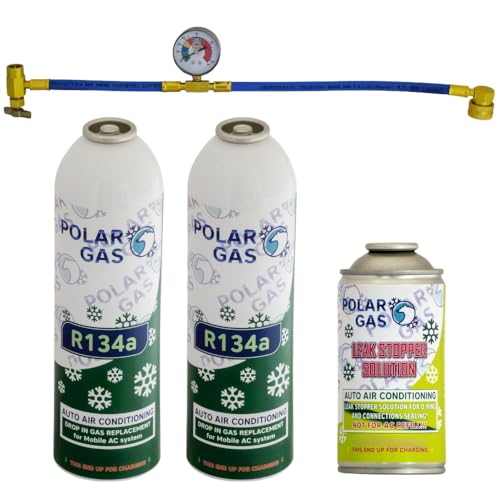 2GC1MA Car Aircon AC 1pcs R134a Compatible Refill Recharge Regas Gas 584gr + Leak Stopper Repair Fix Sealer Stop DIY (2Regas + LS + Tube)