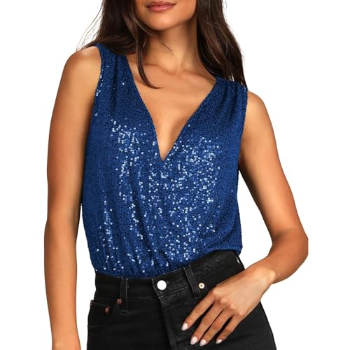 Elegante camiseta sin mangas de lentejuelas con cuello en V, perfecta para fiestas, clubes, eventos nocturnos y casuales., azul, S
