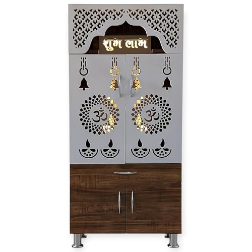 Image of SHLOK Temple for Home /Pooja Mandir with LED Light /Cyprus Medium & White Color Engineered Wood Home Temple (Height: 130, Pre-Assembled)