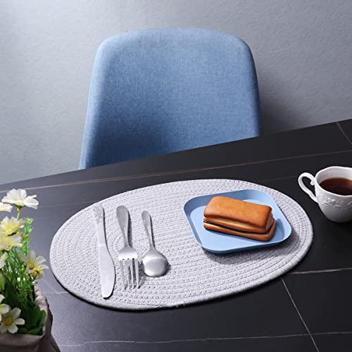 WENFOME 4 Pack Oval Woven Placemats, Gray Cotton Rope Braided Placemats with 4 Pack Round Fabric Coasters, Heat-Resistant Non-Slip Cotton Table Mats Charger Plates for Table Decoration (Gray) by WENFOME - Image 2