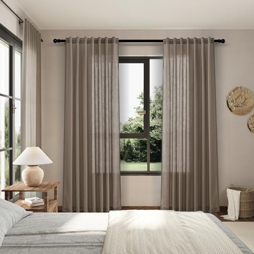 Image of Nanspring Dark Taupe Curtains 80 Inches Length for Living Room Back Tab Rod Pocket Semi Sheer Linen Drapes Muted Neutral Boho Linen Textured Window Curtain for Dining Room Bedroom 52X80 Inches