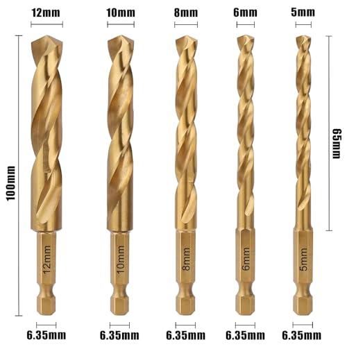 Vearter Lot de 5 forets hélicoïdaux M2 HSS pour métal et matériaux durcis, 5/6/8/10/12 mm, tige hexagonale – vue 3