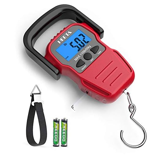 HEETA Fish Scale with Backlit LCD Display, Up to 110lb/50kg Digital Portable Hanging Fish Weight Scale with Hook & Measuring Tape for Home, Farm, Outdoor, Hunting, Fishing, 2 AAA Batteries Included