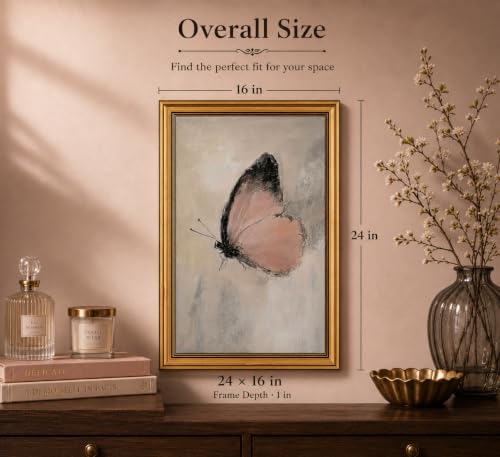 Image of Gold Framed 3D Textured Wall Art, Vintage Pink Butterfly Canvas Prints, Moody Cottagecore Moth Pictures Decor, Boho Rustic Farmhouse Insect Artwork for Living Room Bedroom Bathroom 16x24inch