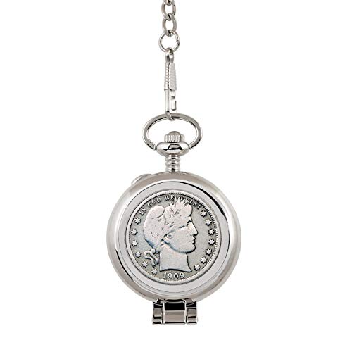 Coin Pocket Watch With Skeleton Quartz Movement | Silver Barber Half Dollar | Genuine U.s. Coin | Sweeping Second Hand, Roman Numerals | Silvertone Case | Certificate Of Authenticity #TOP3