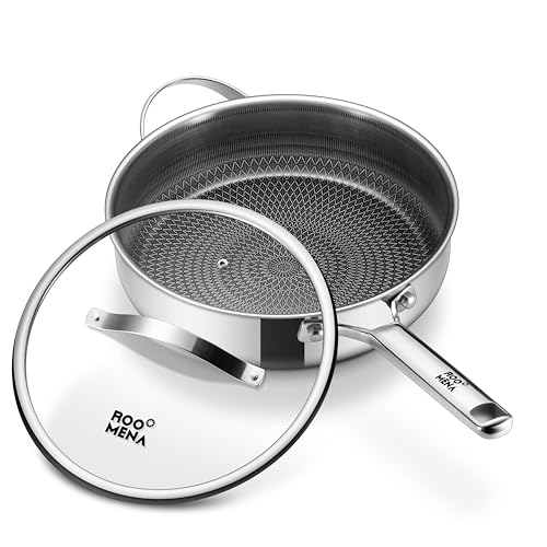 Roomena Saute Pan with Lid, Hybrid Ceramic Nonstick 12 Inch 5-Quart Tri-Ply Stainless Steel Skillet, PFAS/PFOA/PTFE Free, Metal Utensil Safe, Dishwasher & Oven Safe, Induction Compatible