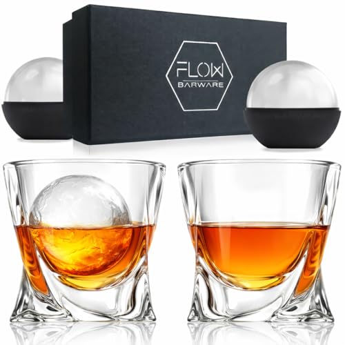 FLOW Barware Twist Whiskey Glasses Set of 2 | Twisted Design Whisky Glasses Gift Set | Perfect Heavy Tumbler Glasses for Scotch, Bourbon Gin & Tonic & Negroni Cocktails