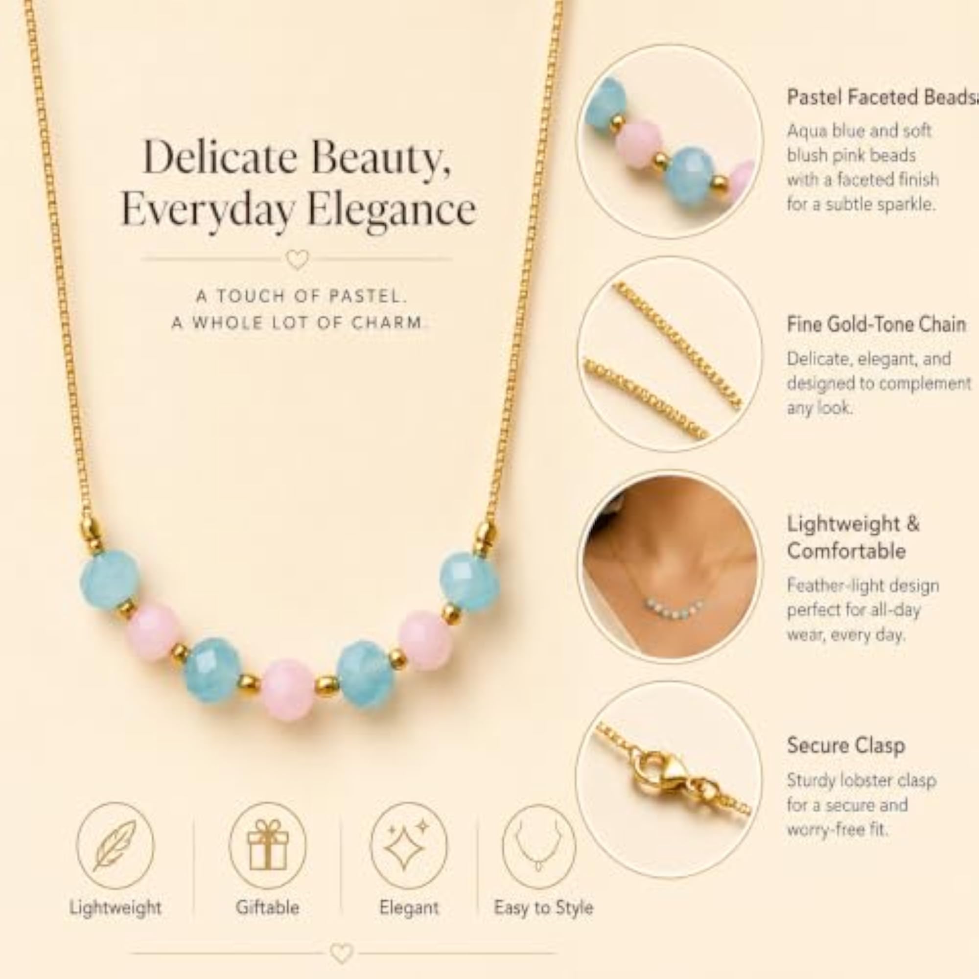 Premium Gold Tone Blue Pink Crystal Bead Necklace, Dainty Fashion