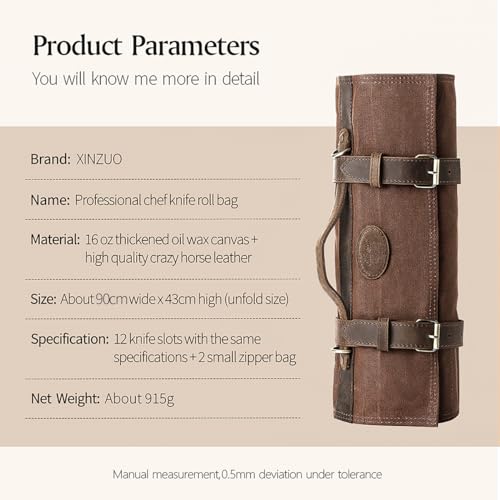 XINZUO Chef Knife Roll Bag-16oz Waxed Canvas and Crazy Horse Leather -with 12 Slots Plus 2 Zipper Pockets to Hold Kitchen Knife Cooking Tools- with Adjustable Shoulder Strap(Bag Only) by XINZUO - Image 2