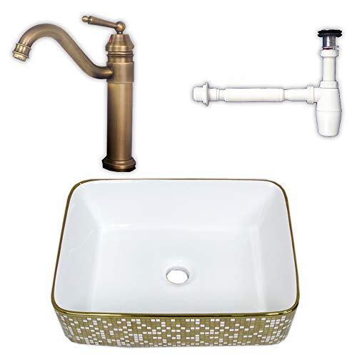 AMBEST 475x370モザイク四角ベッセル洗面器ボウル排水セット WL37N2