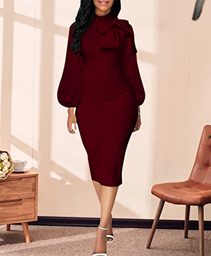 Image of Sexy Long Sleeve Dress for Women Solid Color Bow Knot Turtleneck Formal Gown Midi Casual Church Dresses
