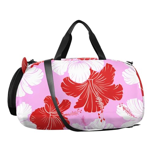 Red White Hibiscus Flowers Travel Duffle Bag for Kids Water Resistant Sport Gym Bags for Girls Boys Sleepover Weekender Overnight Tote2