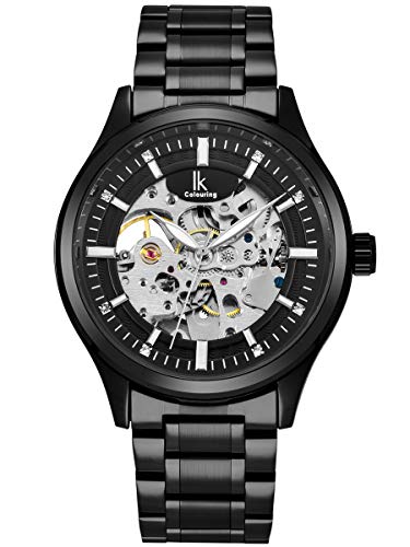 Herren Damen mechanische Automatik-Uhr schwarz mit Edelstahl Metallarmband Skelett