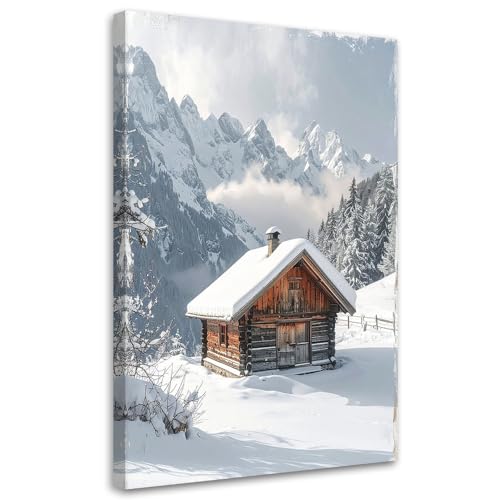 Feeby Stampa su Tela - Quadri Moderni Soggiorno - Quadro Camera Da Letto - Paesaggio invernale neve baite di montagna montagne - 40x60 cm - Decorazioni Parete