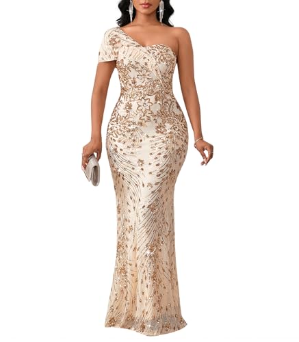 Cololura Women Sexy Sequin One Shoulder Mermaid Formal Party Cocktail Gowns Bodycon Evening Maxi Dress