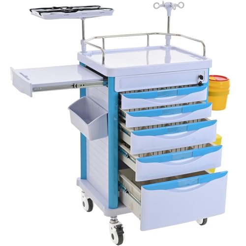 Bknius Mobile Medical Cart with 5 Drawers, Rolling Storage Nursing Cart with Lockable Wheels, Crash Cart Medical for Salon, Dental Clinic and Hospital, ABS Material, with CPR Board, O2 Holder