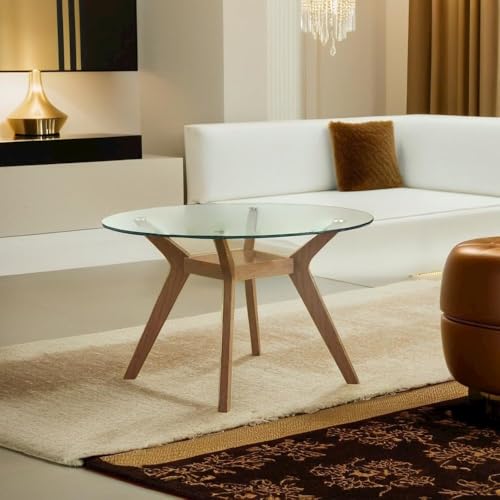 FurniFact 48-Inch Round Dining Table Featuring Clear Glass Top and Nutmeg Wood Base, Perfect for Stylish Dining Rooms and Memorable Gatherings