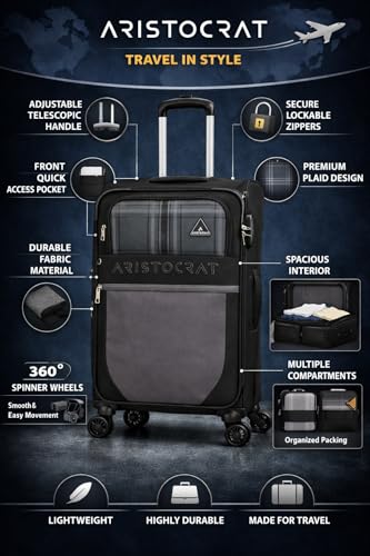 Image of VIP Aristocrat Softsided Polyster 8 Wheels Spinner Luggage with Premium Fabric,Jumbo Sizw,Spacious Interior,Expander and 3 Years International Warranty (Grey, Check-in | 69 CM | Medium)